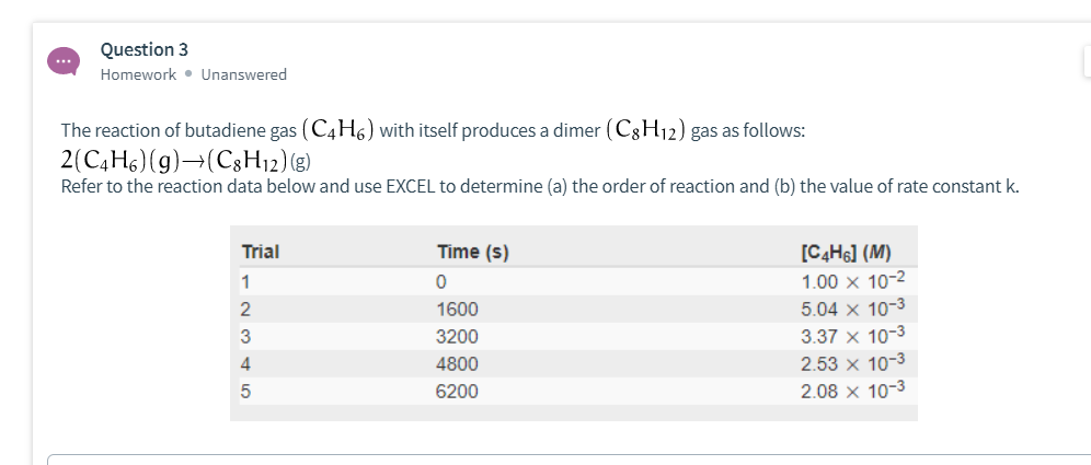 The reaction of butadiene gas (C4H6) with itself produces a dimer (C3H12) gas as follows:
2(C4H6)(g)→(C3H12)(g)
Refer to the reaction data below and use EXCEL to determine (a) the order of reaction and (b) the value of rate constant k.

