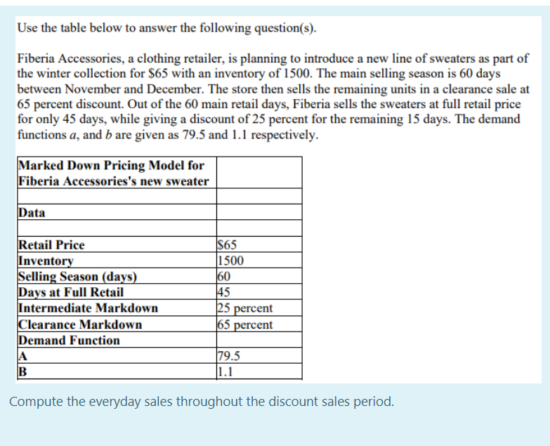 Use the table below to answer the following question(s).
Fiberia Accessories, a clothing retailer, is planning to introduce a new line of sweaters as part of
the winter collection for $65 with an inventory of 1500. The main selling season is 60 days
between November and December. The store then sells the remaining units in a clearance sale at
65 percent discount. Out of the 60 main retail days, Fiberia sells the sweaters at full retail price
for only 45 days, while giving a discount of 25 percent for the remaining 15 days. The demand
functions a, and b are given as 79.5 and 1.1 respectively.
Marked Down Pricing Model for
Fiberia Accessories's new sweater
Data
Retail Price
Inventory
Selling Season (days)
Days at Full Retail
Intermediate Markdown
Clearance Markdown
Demand Function
A
B
$65
1500
60
45
25 percent
|65 percent
79.5
1.1
Compute the everyday sales throughout the discount sales period.
