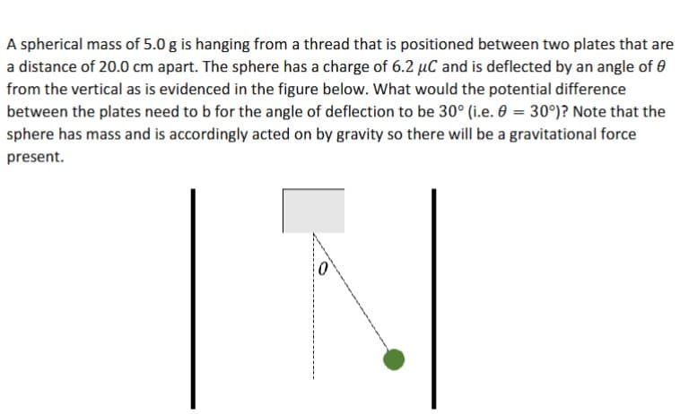 A spherical mass of 5.0 g is hanging from a thread that is positioned between two plates that are
a distance of 20.0 cm apart. The sphere has a charge of 6.2 μC and is deflected by an angle of 0
from the vertical as is evidenced in the figure below. What would the potential difference
between the plates need to b for the angle of deflection to be 30° (i.e. 0 = 30°)? Note that the
sphere has mass and is accordingly acted on by gravity so there will be a gravitational force
present.