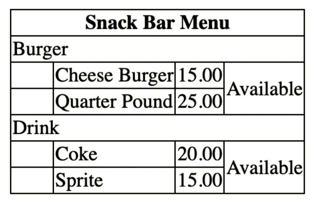 Burger
Snack Bar Menu
Cheese Burger 15.00
Quarter Pound 25.00
Drink
Coke
Sprite
20.00
15.00
Available
Available