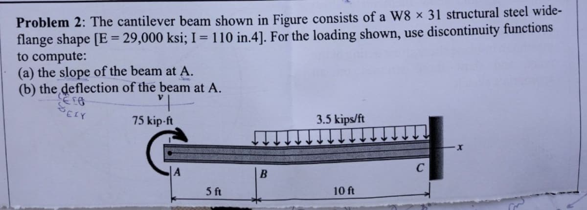 Problem 2: The cantilever beam shown in Figure consists of a W8 x 31 structural steel wide-
flange shape [E = 29,000 ksi; I = 110 in.4]. For the loading shown, use discontinuity functions
to compute:
(a) the slope of the beam at A.
(b) the deflection of the beam at A.
V
ELO
75 kip-ft
3.5 kips/ft
X
5 ft
10 ft
PEIY
B