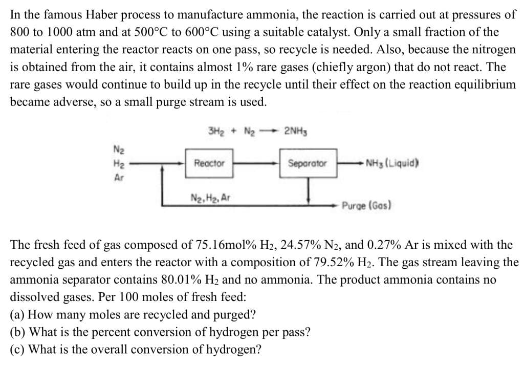 In the famous Haber process to manufacture ammonia, the reaction is carried out at pressures of
800 to 1000 atm and at 500°C to 600°C using a suitable catalyst. Only a small fraction of the
material entering the reactor reacts on one pass, so recycle is needed. Also, because the nitrogen
is obtained from the air, it contains almost 1% rare gases (chiefly argon) that do not react. The
rare gases would continue to build up in the recycle until their effect on the reaction equilibrium
became adverse, so a small purge stream is used.
N₂
H₂
Ar
3H₂ + N₂
Reactor
N₂, H₂, Ar
-2NH3
Separator
NH3 (Liquid)
(a) How many moles are recycled and purged?
(b) What is the percent conversion of hydrogen per pass?
(c) What is the overall conversion of hydrogen?
Purge (Gas)
The fresh feed of gas composed of 75.16mol % H₂, 24.57% N2, and 0.27% Ar is mixed with the
recycled gas and enters the reactor with a composition of 79.52% H₂. The gas stream leaving the
ammonia separator contains 80.01% H₂ and no ammonia. The product ammonia contains no
dissolved gases. Per 100 moles of fresh feed: