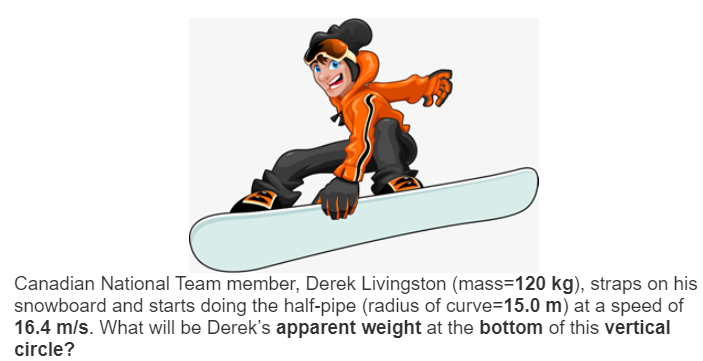 Canadian National Team member, Derek Livingston (mass=120 kg), straps on his
snowboard and starts doing the half-pipe (radius of curve=15.0 m) at a speed of
16.4 m/s. What will be Derek's apparent weight at the bottom of this vertical
circle?
