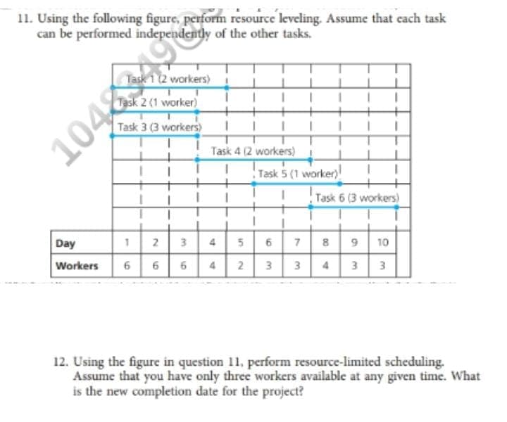 11. Using the following figure, perform resource leveling. Assume that cach task
can be performed independently of the other tasks.
Task 1 (2 workers)
Task 2 (1 worker)
Task 3 (3 workers)
104 9
Task 4 (2 workers)
Task 5 (1 worker)!
Task 6 (3 workers)
Day
2
8
9 10
Workers
6
4
3.
4
3
12. Using the figure in question 11, perform resource-limited scheduling.
Assume that you have only three workers available at any given time. What
is the new completion date for the project?
3.
7,
3.
6,
5.
2.
4.
6.
