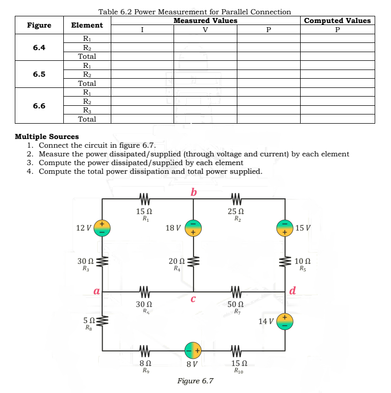 Table 6.2 Power Measurement for Parallel Connection
Measured Values
Computed Values
Figure
Element
V
P
P
R1
6.4
R2
Total
R1
6.5
R2
Total
R
R2
6.6
R3
Total
Multiple Sources
1. Connect the circuit in figure 6.7.
2. Measure the power dissipated/supplied (through voltage and current) by each element
3. Compute the power dissipated/supplied by each element
4. Compute the total power dissipation and total power supplied.
b
15Ω
R1
25 N
R2
12 V
18 V
15 V
30 Ω
R3
20 Ω
R4
10 Ω
R5
a
d
50 Ω
R,
30 Ω
5Ω
Rg
14 V
Wr
15 Ω
R10
8 V
Rg
Figure 6.7
