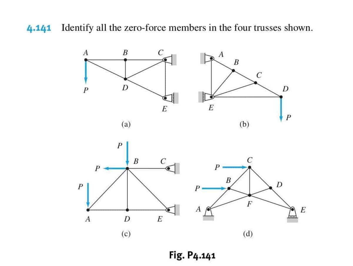 4.141
Identify all the zero-force members in the four trusses shown.
B
В
D
D
E
E
P
(a)
(b)
P
В
В
D
P
F
E
A
D
E
(c)
(d)
Fig. P4.141
