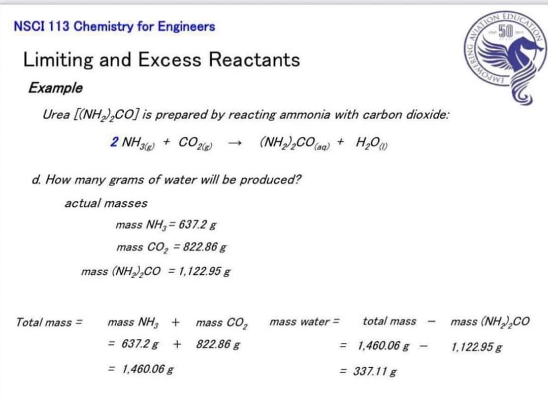 UCATION
NSCI 113 Chemistry for Engineers
VIATION
Limiting and Excess Reactants
Example
Urea [(NH),CO] is prepared by reacting ammonia with carbon dioxide:
2 NH3) + CO,
2(g)
(aq)
d. How many grams of water will be produced?
actual masses
mass NH,= 637.2 g
%3D
mass CO, = 822.86 g
mass (NHCO 1,122.95 g
Total mass =
mass NH, +
mass CO2
mass water =
total mass
mass (NH,CO
= 637.2 g
822.86 g
= 1,460.06 g
1,122.95 g
= 1,460.06 g
= 337.11 g
