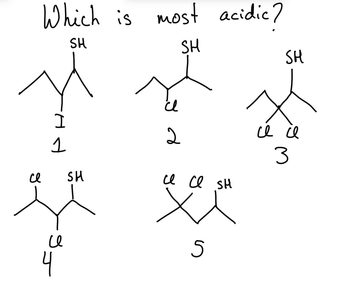 се
Which is most acidic?
SH
SH
I
1
се
4
SH
cl
2
се се SH
x
5
SH
се се
3