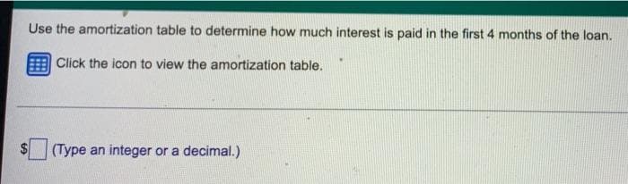 Use the amortization table to determine how much interest is paid in the first 4 months of the loan.
Click the icon to view the amortization table.
(Type an integer or a decimal.)
