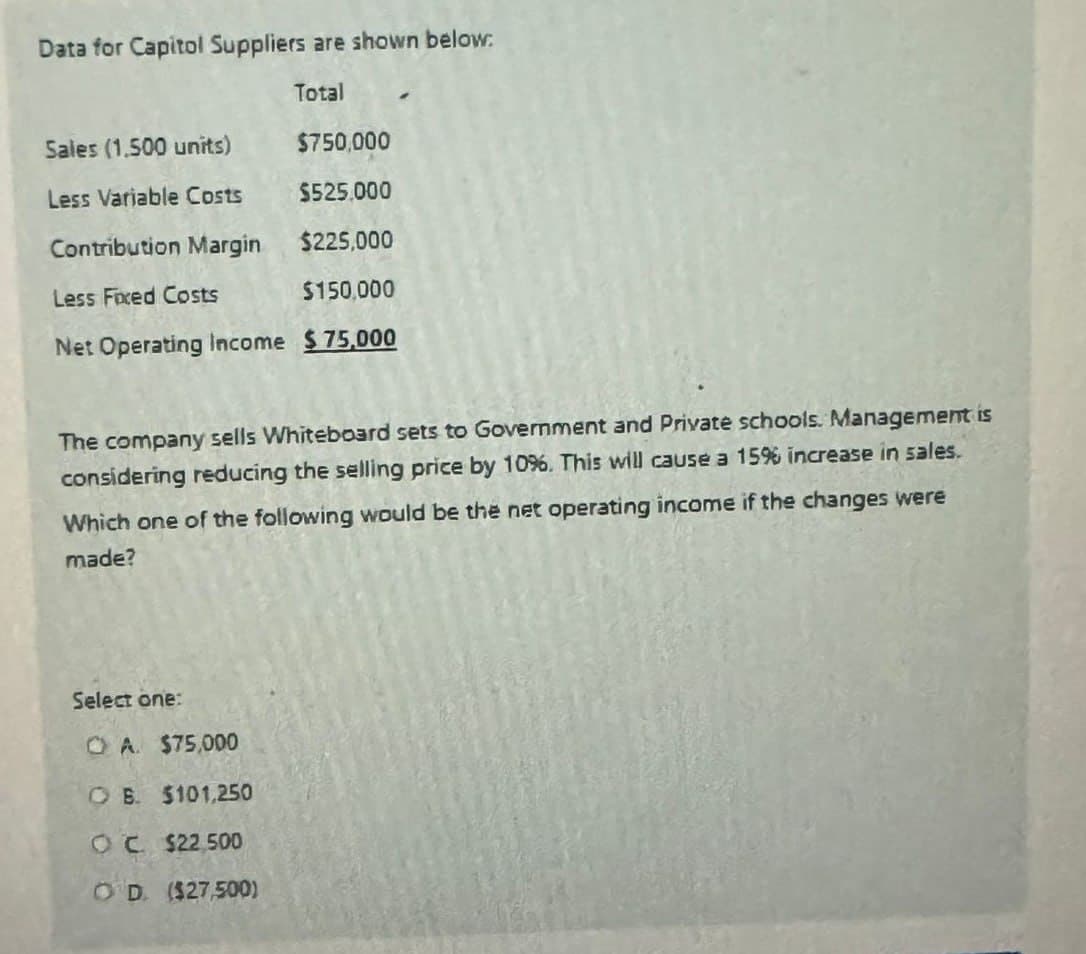 Data for Capitol Suppliers are shown below.
Total
Sales (1.500 units)
$750,000
Less Variable Costs
$525,000
Contribution Margin
$225,000
Less Fixed Costs
$150,000
Net Operating Income $75,000
The company sells Whiteboard sets to Government and Private schools. Management is
considering reducing the selling price by 10%. This will cause a 15% increase in sales.
Which one of the following would be the net operating income if the changes were
made?
Select one:
CA. $75,000
B. $101,250
OC $22,500
OD. ($27,500)