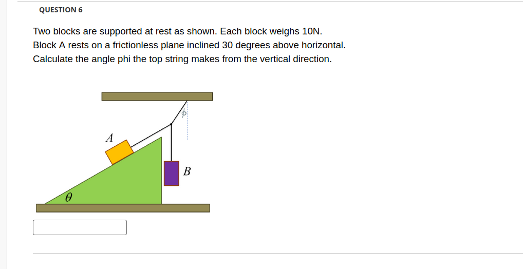 QUESTION 6
Two blocks are supported at rest as shown. Each block weighs 10N.
Block A rests on a frictionless plane inclined 30 degrees above horizontal.
Calculate the angle phi the top string makes from the vertical direction.
A
B