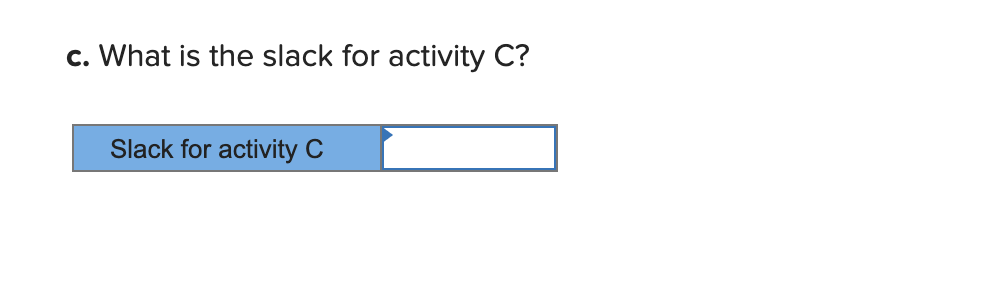 c. What is the slack for activity C?
Slack for activity C
