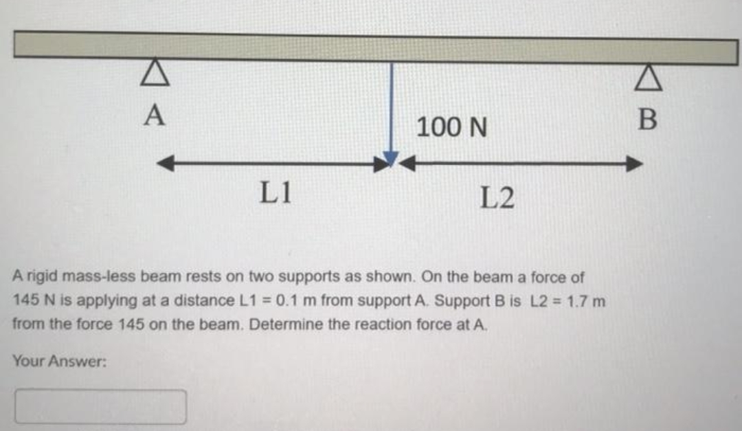 A
A
Your Answer:
L1
100 N
L2
A rigid mass-less beam rests on two supports as shown. On the beam a force of
145 N is applying at a distance L1 = 0.1 m from support A. Support B is L2 = 1.7 m
from the force 145 on the beam. Determine the reaction force at A.
B