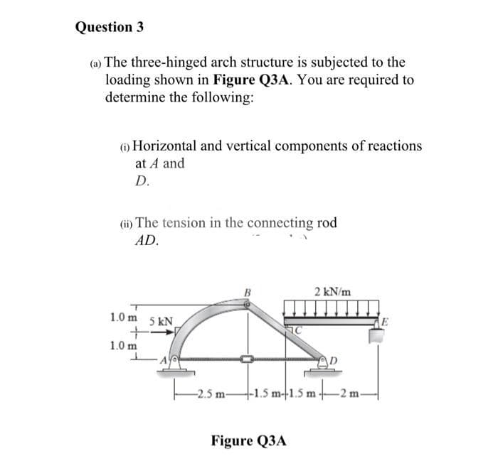 Question 3
(a) The three-hinged arch structure is subjected to the
loading shown in Figure Q3A. You are required to
determine the following:
(i) Horizontal and vertical components of reactions
at A and
D.
(ii) The tension in the connecting rod
AD.
2 kN/m
-+-1.5 m- 1.5 m -2m-
1.0 m
1.0 m
5 kN
+-
AY
-2.5 m-
Figure Q3A