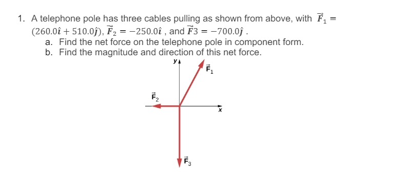 1. A telephone pole has three cables pulling as shown from above, with F,
(260.0î + 510.0ĵ), F2 = -250.0î , and F3 = –700.0ĵ .
a. Find the net force on the telephone pole in component form.
b. Find the magnitude and direction of this net force.
F,
