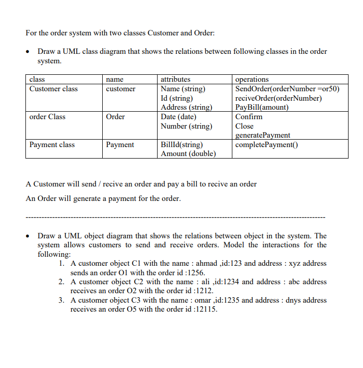 For the order system with two classes Customer and Order:
• Draw a UML class diagram that shows the relations between following classes in the order
system.
class
attributes
operations
SendOrder(orderNumber =or50)
reciveOrder(orderNumber)
PayBill(amount)
name
Customer class
Name (string)
Id (string)
Address (string)
Date (date)
Number (string)
customer
order Class
Order
Confirm
Close
generatePayment
completePayment()
Billld(string)
Amount (double)
Payment class
Payment
A Customer will send / recive an order and pay a bill to recive an order
An Order will generate a payment for the order.
Draw a UML object diagram that shows the relations between object in the system. The
system allows customers to send and receive orders. Model the interactions for the
following:
1. A customer object C1 with the name : ahmad ,id:123 and address : xyz address
sends an order O1 with the order id :1256.
2. A customer object C2 with the name : ali ,id:1234 and address : abc address
receives an order 02 with the order id :1212.
3. A customer object C3 with the name : omar ,id:1235 and address : dnys address
receives an order 05 with the order id :12115.
