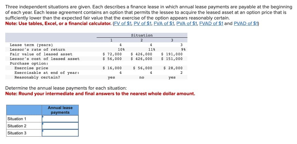 Three independent situations are given. Each describes a finance lease in which annual lease payments are payable at the beginning
of each year. Each lease agreement contains an option that permits the lessee to acquire the leased asset at an option price that is
sufficiently lower than the expected fair value that the exercise of the option appears reasonably certain.
Note: Use tables, Excel, or a financial calculator. (FV of $1, PV of $1, FVA of $1, PVA of $1, FVAD of $1 and PVAD of $1)
Situation
2
Lease term (years)
Lessor's rate of return
4
10%
4
11%
3
98
Fair value of leased asset
$ 72,000
Lessor's cost of leased asset
$ 56,000
$ 426,000
$ 426,000
$ 191,000
$ 151,000
Purchase option:
Exercise price
$ 16,000
$ 56,000
$ 28,000
Exercisable at end of year:
4
4
2
Reasonably certain?
yes
no
yes
Determine the annual lease payments for each situation:
Note: Round your intermediate and final answers to the nearest whole dollar amount.
Annual lease
payments
Situation 1
Situation 2
Situation 3