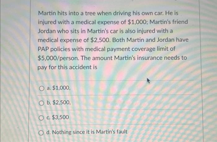 Martin hits into a tree when driving his own car. He is
injured with a medical expense of $1,000; Martin's friend
Jordan who sits in Martin's car is also injured with a
medical expense of $2,500. Both Martin and Jordan have
PAP policies with medical payment coverage limit of
$5,000/person. The amount Martin's insurance needs to
pay for this accident is
O a. $1,000,
O b. $2,500,
O c. $3,500
O d. Nothing since it is Martin's fault
