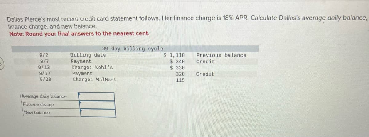 Dallas Pierce's most recent credit card statement follows. Her finance charge is 18% APR. Calculate Dallas's average daily balance,
finance charge, and new balance.
Note: Round your final answers to the nearest cent.
9/2
9/7
9/13
9/17
9/28
Average daily balance
Finance charge
New balance
30-day billing cycle
Billing date
Payment
Charge: Kohl's
Payment
Charge: WalMart
$1,110
$340
$ 330
320
115
Previous balance
Credit
Credit