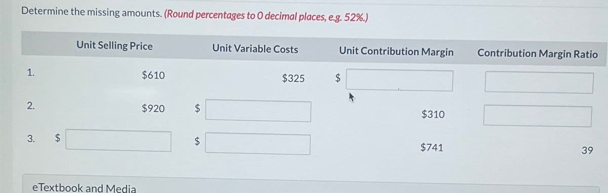 Determine the missing amounts. (Round percentages to O decimal places, e.g. 52%.)
Unit Selling Price
1.
2.
3.
$
Unit Variable Costs
Unit Contribution Margin
Contribution Margin Ratio
$610
$325
$920
$
SA
eTextbook and Media
+A
$310
$741
39