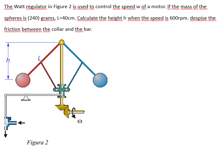 The Watt regulator in Figure 2 is used to control the speed w of a motor. If the mass of the
spheres is (240) grams, L=40cm. Calculate the height h when the speed is 600rpm. despise the
friction between the collar and the bar.
h
Figura 2
3
