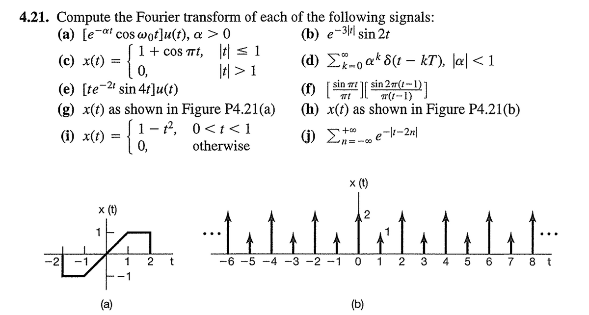 4.21. Compute the Fourier transform of each of the following signals:
(a) [e-a! cos wot]u(t), a > 0
(b) e-3 sin 2t
6.
{
1 + cos Tt, t< 1
0,
(c) x(t) =
(d) E-0 a* 8(t –- kT), la| < 1
It| > 1
(e) [te-2' sin 4t]u(t)
(f) [
Tt ][ sin 27(1-1)]
T(1-1)
(g) x(t) as shown in Figure P4.21(a)
1 – 12, 0<t<1
0,
(h) x(t) as shown in Figure P4.21(b)
(i) x(t) =
(j) E
otherwise
x (t)
x (t)
-1
1
2
t
-6 -5
-4 -3
2 -1
1
2
3
4
7
8 t
-1
(a)
(b)
