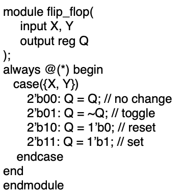 module flip_flop(
input X, Y
output reg Q
);
always @(*) begin
case({X, Y})
2'b00: Q = Q; // no change
2'b01: Q=~Q; // toggle
2'b10: Q = 1'b0; // reset
2'b11: Q = 1'b1; // set
endcase
end
endmodule