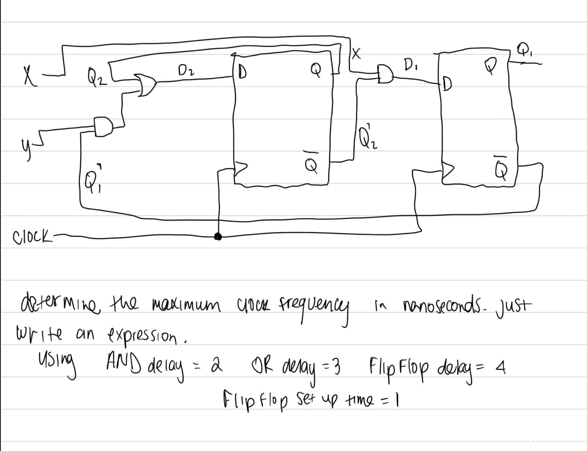 X
کو
Clock
Q₂
1
D₂
D
10
using AND delay = 2
|X
determine the maximum clock frequency
write an expression.
D₁
D
in nanoseconds. Just
OR delay = 3 Flip Flop delay = 4
Flip flop set up time = 1