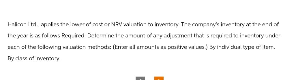 Halicon Ltd. applies the lower of cost or NRV valuation to inventory. The company's inventory at the end of
the year is as follows Required: Determine the amount of any adjustment that is required to inventory under
each of the following valuation methods: (Enter all amounts as positive values.) By individual type of item.
By class of inventory.