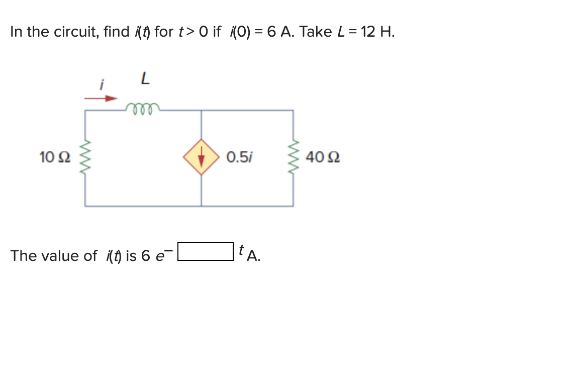 In the circuit, find ¡(t) for t> 0 if (0) = 6 A. Take L = 12 H.
10 92
L
The value of i(t) is 6 e¯ L
0.5i
t A.
40 92