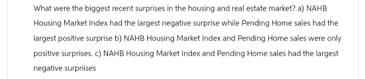 What were the biggest recent surprises in the housing and real estate market? a) NAHB
Housing Market Index had the largest negative surprise while Pending Home sales had the
largest positive surprise b) NAHB Housing Market Index and Pending Home sales were only
positive surprises. c) NAHB Housing Market Index and Pending Home sales had the largest
negative surprises