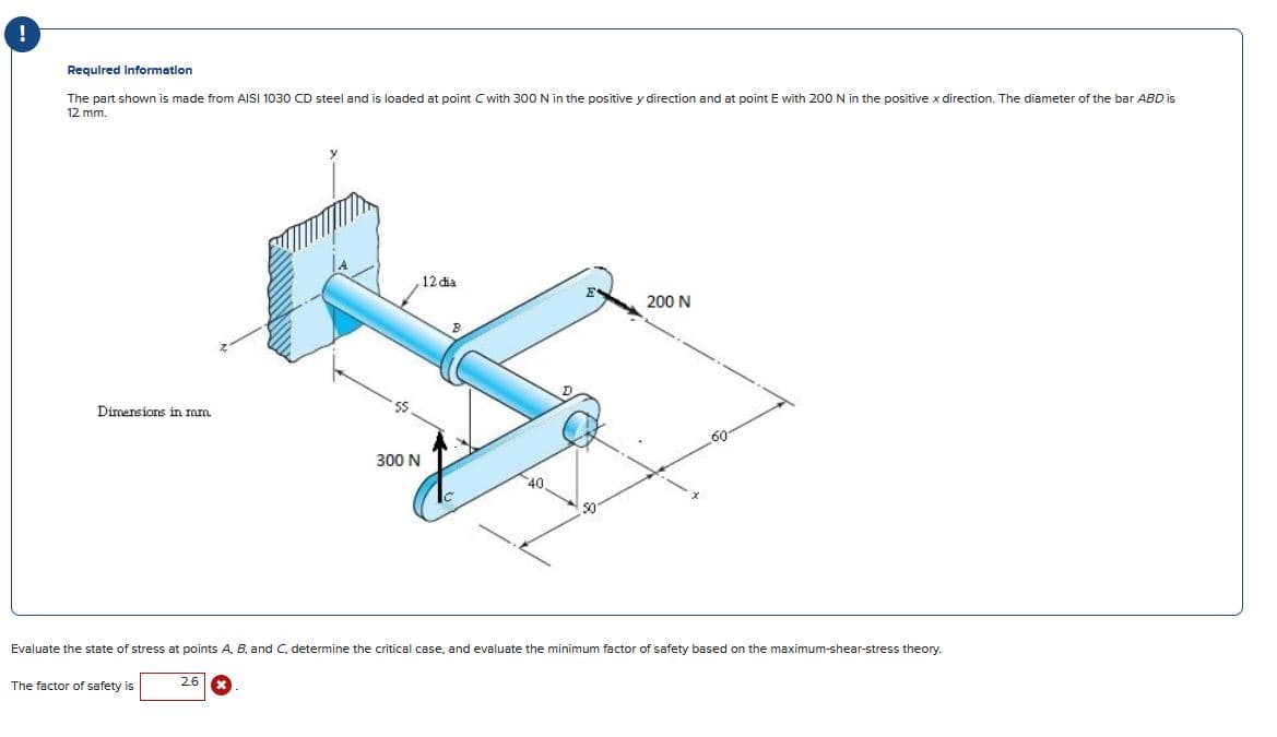 !
Required Information
The part shown is made from AISI 1030 CD steel and
12 mm.
Dimensions in mm.
The factor of safety is
loaded at point C with 300 N in the positive y direction and at point E with 200 N in the positive x direction. The diameter of the bar ABD is
26
300 N
12 dia
B
-40
50
200 N
Evaluate the state of stress at points A, B, and C. determine the critical case, and evaluate the minimum factor of safety based on the maximum-shear-stress theory.
60