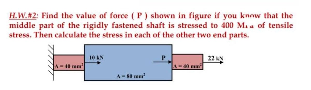H.W.# 2: Find the value of force (P) shown in figure if you know that the
middle part of the rigidly fastened shaft is stressed to 400 Mia of tensile
stress. Then calculate the stress in each of the other two end parts.
= 40 mm²
10 kN
A = 80 mm²
A = 40 mm²
22 KN