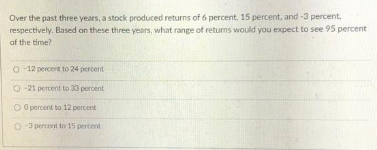 Over the past three years, a stock produced returns of 6 percent, 15 percent, and -3 percent.
respectively. Based on these three years, what range of returns would you expect to see 95 percent
of the time?
O-12 percent to 24 percent
O-21 percent to 33 percent
O 0 percent to 12 percent
O-3 percent to 15 percent