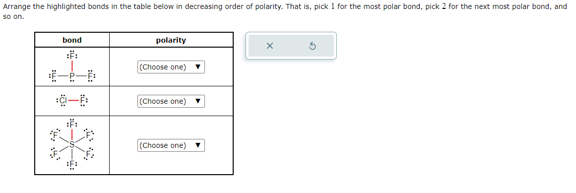 Arrange the highlighted bonds in the table below in decreasing order of polarity. That is, pick 1 for the most polar bond, pick 2 for the next most polar bond, and
so on.
bond
##—8—6:
:CI-F:
:F:
polarity
(Choose one) ▼
(Choose one) ▼
(Choose one)
X
S