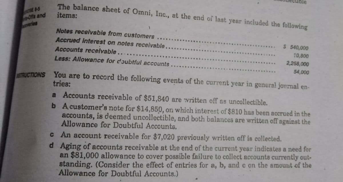 ble
The balance sheet of Omni, Inc., at the end of last year included the following
Offs and
coverles
items:
Notes receivable from customers
Accrued Interest on notes receivable
Accounts recelvable......
.$ 5 40,000
10,800
Less: Allowance for doubtful accounts
2,268,000
54,000
STRUCTIONS You are to record the following events of the current year in general journal en-
tries:
a Accounts receivable of $51,840 are vritten off as uncollectible.
b Acustomer's note for $14,850, on which interest of $810 has been accrued in the
accounts, is deemed uncollectible, and both balances are written off against the
Allowance for Doubtful Accounts.
c An account receivable for $7,020 previously written off is collected.
d Aging of accounts receivable at the end of the current year indicates a need for
an $81,000 allowance to cover possible failure to collect accounts currently out-
standing. (Consider the effect of entries for a, b, and e on the amount of the
Allowance for Doubtful Accounts.)
