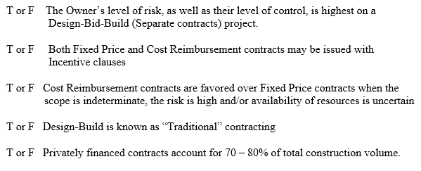 T or F The Owner's level of risk, as well as their level of control, is highest on a
Design-Bid-Build (Separate contracts) project.
T or F Both Fixed Price and Cost Reimbursement contracts may be issued with
Incentive clauses
T or F Cost Reimbursement contracts are favored over Fixed Price contracts when the
scope is indeterminate, the risk is high and/or availability of resources is uncertain
T or F Design-Build is known as “Traditional" contracting
T or F Privately financed contracts account for 70 – 80% of total construction volume.
