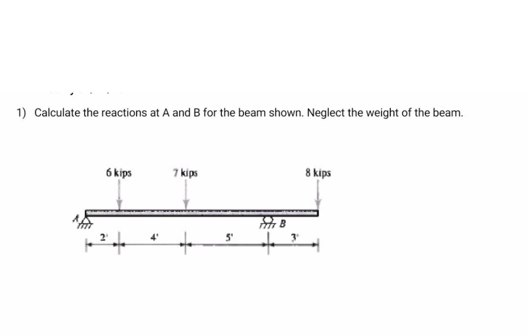 1) Calculate the reactions at A and B for the beam shown. Neglect the weight of the beam.
6 kips
7 kips
5¹
B
3"
8 kips