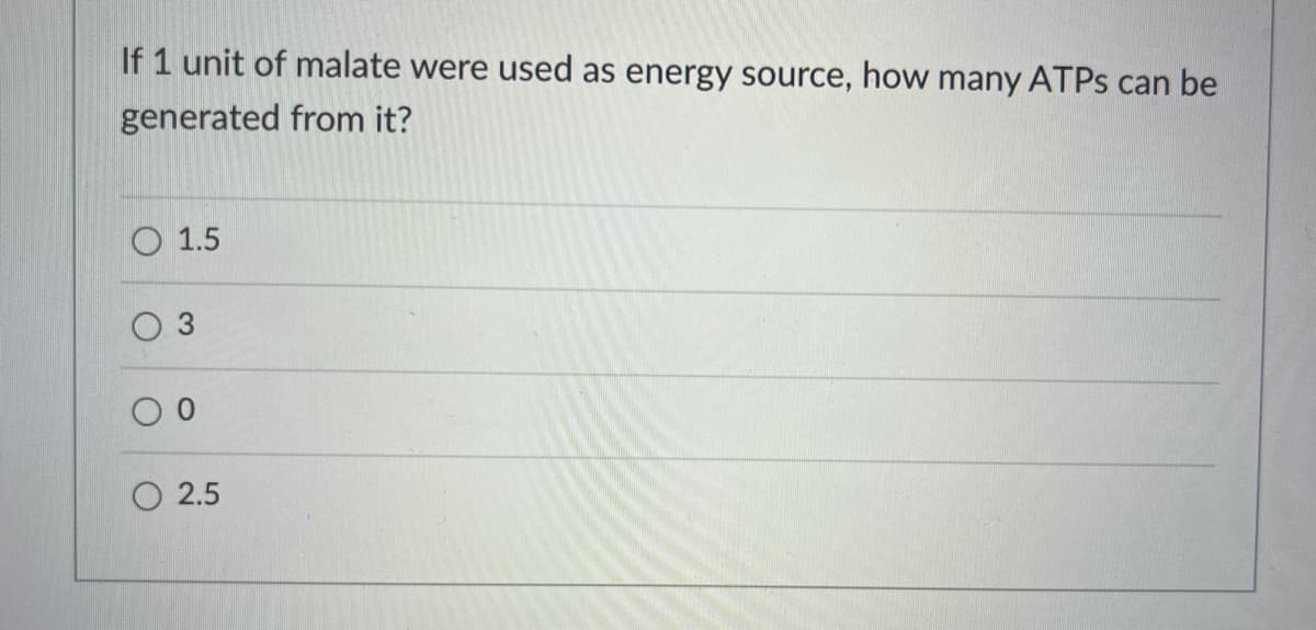 If 1 unit of malate were used as energy source, how many ATPs can be
generated from it?
O 1.5
O
O2.5