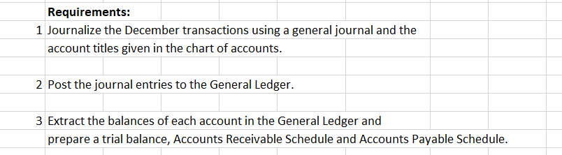 Requirements:
1 Journalize the December transactions using a general journal and the
account titles given in the chart of accounts.
2 Post the journal entries to the General Ledger.
3 Extract the balances of each account in the General Ledger and
prepare a trial balance, Accounts Receivable Schedule and Accounts Payable Schedule.
