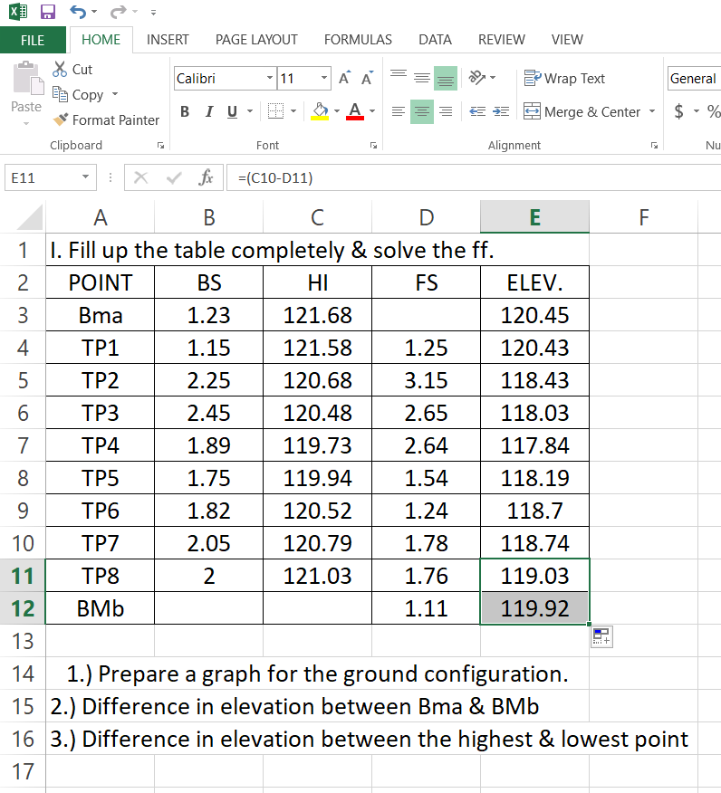 FILE
НОМЕ
INSERT
PAGE LAYOUT
FORMULAS
DATA
REVIEW
VIEW
X Cut
Calibri
11
A A
EWrap Text
General
Ee Copy
A -
Paste
в I U
E E Merge & Center
$ - %-
Format Painter
Clipboard
Font
Alignment
Nu
E11
X fr =(C10-D11)
A
В
C
D
E
F
1 I. Fill up the table completely & solve the ff.
2
POINT
BS
HI
FS
ELEV.
3
Bma
1.23
121.68
120.45
4
TP1
1.15
121.58
1.25
120.43
5
TP2
2.25
120.68
3.15
118.43
ТРЗ
2.45
120.48
2.65
118.03
7
ТР4
1.89
119.73
2.64
117.84
8
ТР5
1.75
119.94
1.54
118.19
9.
ТР6
1.82
120.52
1.24
118.7
10
TP7
2.05
120.79
1.78
118.74
11
ТР8
2
121.03
1.76
119.03
12
BMb
1.11
119.92
13
uit
14
1.) Prepare a graph for the ground configuration.
15 2.) Difference in elevation between Bma & BMb
16 3.) Difference in elevation between the highest & lowest point
17
