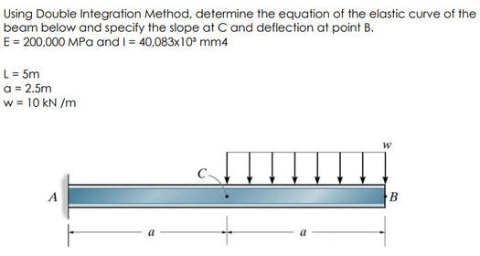 Using Double Integration Method, determine the equation of the elastic curve of the
beam below and specify the slope at C and deflection at point B.
E = 200,000 MPa and I = 40,083x10° mm4
L= 5m
a = 2.5m
w = 10 kN /m
