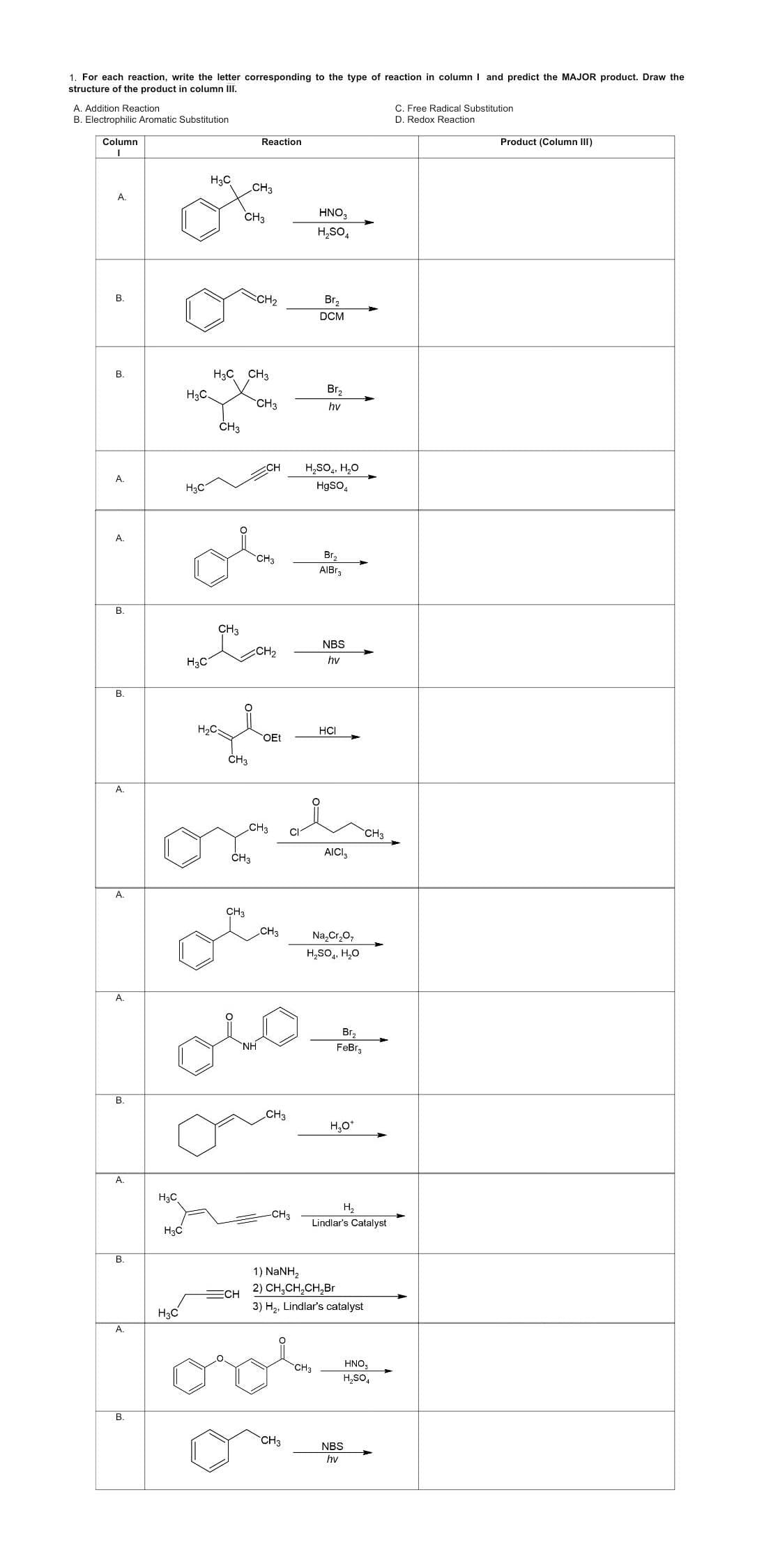1. For each reaction, write the letter corresponding to the type of reaction in column I and predict the MAJOR product. Draw the
structure of the product in column III.
A. Addition Reaction
B. Electrophilic Aromatic Substitution
Column
I
A.
B.
B.
A.
A.
B.
B.
A.
A.
A.
B.
A.
B.
A.
B.
H₂C
H3C
H3C.
H3C
H3C
H3C
H3C
H₂C
CH3
CH3
H3C CH3
Reaction
CH3
CH3
CH3
CH₂
ECH
CH3
CH
CH3
l
CH3
CH₂
oso
NH
OEt
CH3
CH3
orada
CH3
CH3
-CH3
HNO3
H₂SO4
CH3
Br₂
DCM
Br₂
hv
H₂SO₂, H₂O
HgSO4
Br₂
AlBr
CH3
NBS
hv
HCI
AICI
Na₂Cr₂O7
H₂SO4, H₂O
Br₂
FeBr
H₂O*
H₂
Lindlar's Catalyst
1) NaNH,
2) CH₂CH₂CH₂Br
3) H₂, Lindlar's catalyst
CH3
NBS
hv
HNO,
H₂SO4
C. Free Radical Substitution
D. Redox Reaction
Product (Column III)