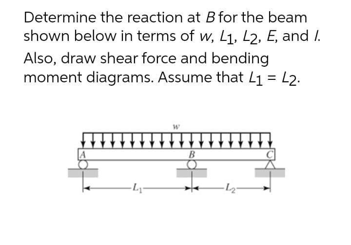 Determine the reaction at B for the beam
shown below in terms of w, L1, L2, E, and I.
Also, draw shear force and bending
moment diagrams. Assume that L1 = L2.
B
