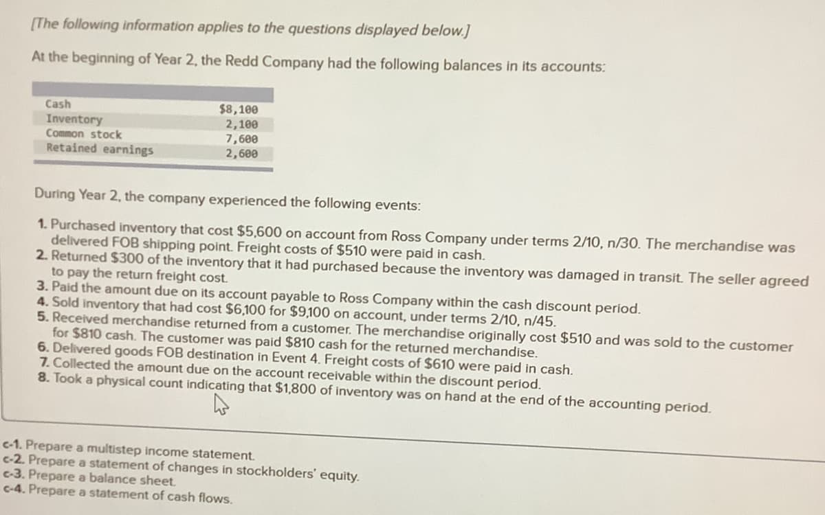 [The following information applies to the questions displayed below.]
At the beginning of Year 2, the Redd Company had the following balances in its accounts:
Cash
Inventory
Common stock
Retained earnings
$8,100
2,100
7,600
2,600
During Year 2, the company experienced the following events:
1. Purchased inventory that cost $5,600 on account from Ross Company under terms 2/10, n/30. The merchandise was
delivered FOB shipping point. Freight costs of $510 were paid in cash.
2. Returned $300 of the inventory that it had purchased because the inventory was damaged in transit. The seller agreed
to pay the return freight cost.
3. Paid the amount due on its account payable to Ross Company within the cash discount period.
4. Sold inventory that had cost $6,100 for $9,100 on account, under terms 2/10, n/45.
5. Received merchandise returned from a customer. The merchandise originally cost $510 and was sold to the customer
for $810 cash. The customer was paid $810 cash for the returned merchandise.
6. Delivered goods FOB destination in Event 4. Freight costs of $610 were paid in cash.
7. Collected the amount due on the account receivable within the discount period.
8. Took a physical count indicating that $1,800 of inventory was on hand at the end of the accounting period.
c-1. Prepare a multistep income statement.
c-2. Prepare a statement of changes in stockholders' equity.
c-3. Prepare a balance sheet.
c-4. Prepare a statement of cash flows.