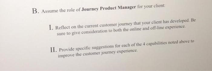 B. Assume the role of Journey Product Manager for your client:
I. Reflect on the current customer journey that your client has developed. Be
sure to give consideration to both the online and off-line experience.
II. Provide specific suggestions for each of the 4 capabilities noted above to
improve the customer journey experience.

