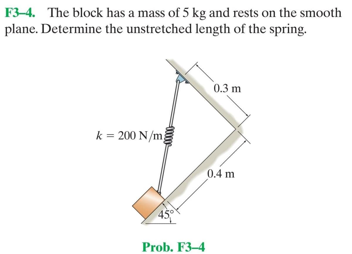 F3-4. The block has a mass of 5 kg and rests on the smooth
plane. Determine the unstretched length of the spring.
0.3 m
k = 200 N/m
0.4 m
45°
Prob. F3–4
-000
