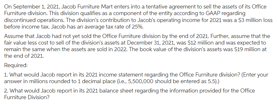 On September 1, 2021, Jacob Furniture Mart enters into a tentative agreement to sell the assets of its Office
Furniture division. This division qualifies as a component of the entity according to GAAP regarding
discontinued operations. The division's contribution to Jacob's operating income for 2021 was a $3 million loss
before income tax. Jacob has an average tax rate of 25%.
Assume that Jacob had not yet sold the Office Furniture division by the end of 2021. Further, assume that the
fair value less cost to sell of the division's assets at December 31, 2021, was $12 million and was expected to
remain the same when the assets are sold in 2022. The book value of the division's assets was $19 million at
the end of 2021.
Required:
1. What would Jacob report in its 2021 income statement regarding the Office Furniture division? (Enter your
answer in millions rounded to 1 decimal place (i.e., 5,500,000 should be entered as 5.5).)
2. What would Jacob report in its 2021 balance sheet regarding the information provided for the Office
Furniture Division?