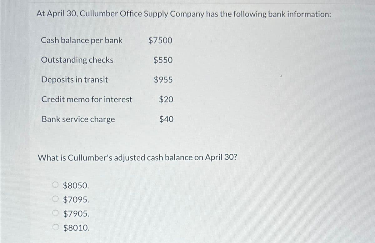 At April 30, Cullumber Office Supply Company has the following bank information:
Cash balance per bank
$7500
Outstanding checks
$550
Deposits in transit
$955
Credit memo for interest
$20
Bank service charge
$40
What is Cullumber's adjusted cash balance on April 30?
○ $8050.
O $7095.
O $7905.
$8010.