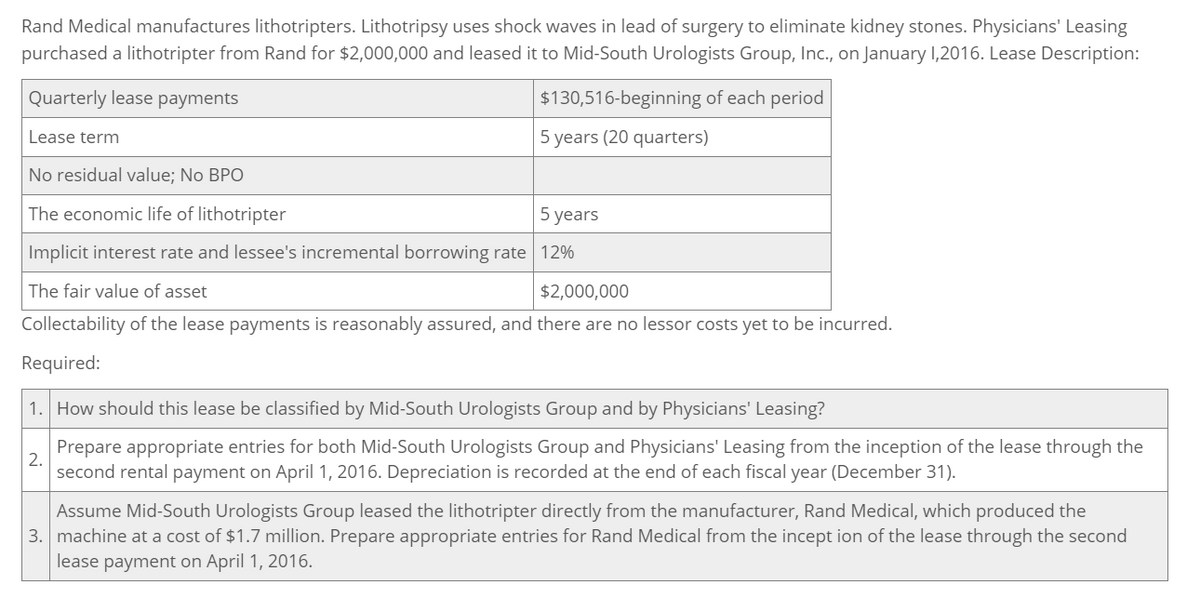 Rand Medical manufactures lithotripters. Lithotripsy uses shock waves in lead of surgery to eliminate kidney stones. Physicians' Leasing
purchased a lithotripter from Rand for $2,000,000 and leased it to Mid-South Urologists Group, Inc., on January 1,2016. Lease Description:
Quarterly lease payments
Lease term
No residual value; No BPO
$130,516-beginning of each period
5 years (20 quarters)
The economic life of lithotripter
5 years
Implicit interest rate and lessee's incremental borrowing rate 12%
The fair value of asset
$2,000,000
Collectability of the lease payments is reasonably assured, and there are no lessor costs yet to be incurred.
Required:
1. How should this lease be classified by Mid-South Urologists Group and by Physicians' Leasing?
Prepare appropriate entries for both Mid-South Urologists Group and Physicians' Leasing from the inception of the lease through the
2. second rental payment on April 1, 2016. Depreciation is recorded at the end of each fiscal year (December 31).
Assume Mid-South Urologists Group leased the lithotripter directly from the manufacturer, Rand Medical, which produced the
3. machine at a cost of $1.7 million. Prepare appropriate entries for Rand Medical from the inception of the lease through the second
lease payment on April 1, 2016.